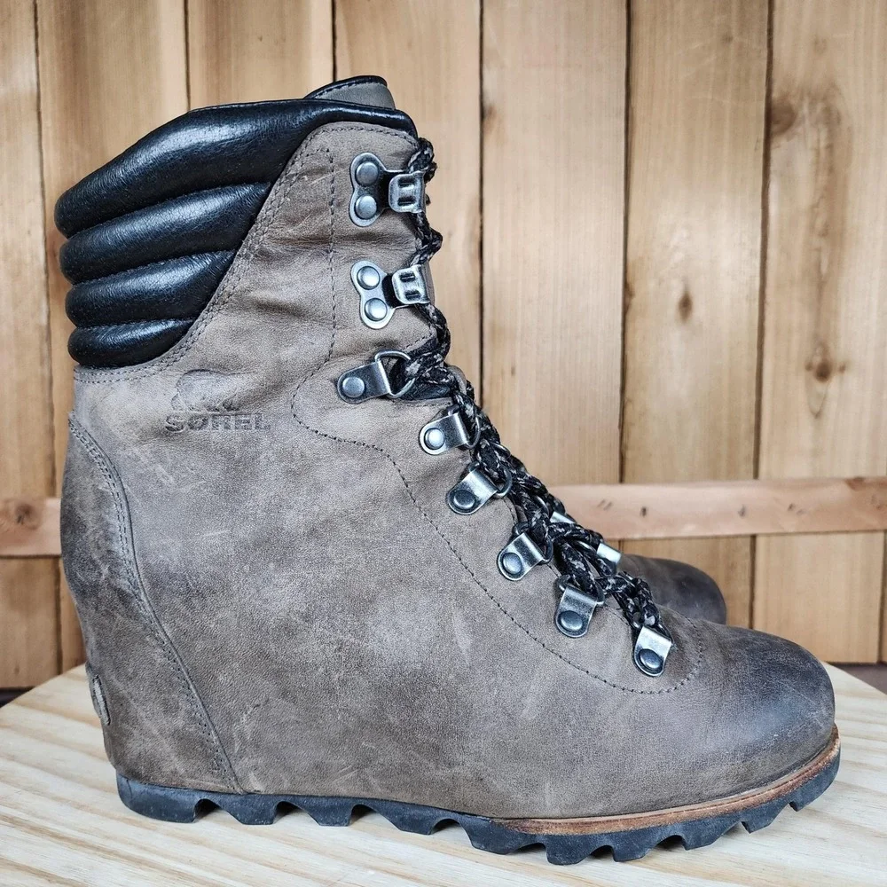 Sorel Conquest Wedge Boots Womens 8 Brown Leather Ankle Waterproof Snow Booties‎